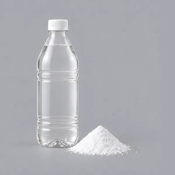 Una botella de vinagre y bicarbonato en polvo, sin marca