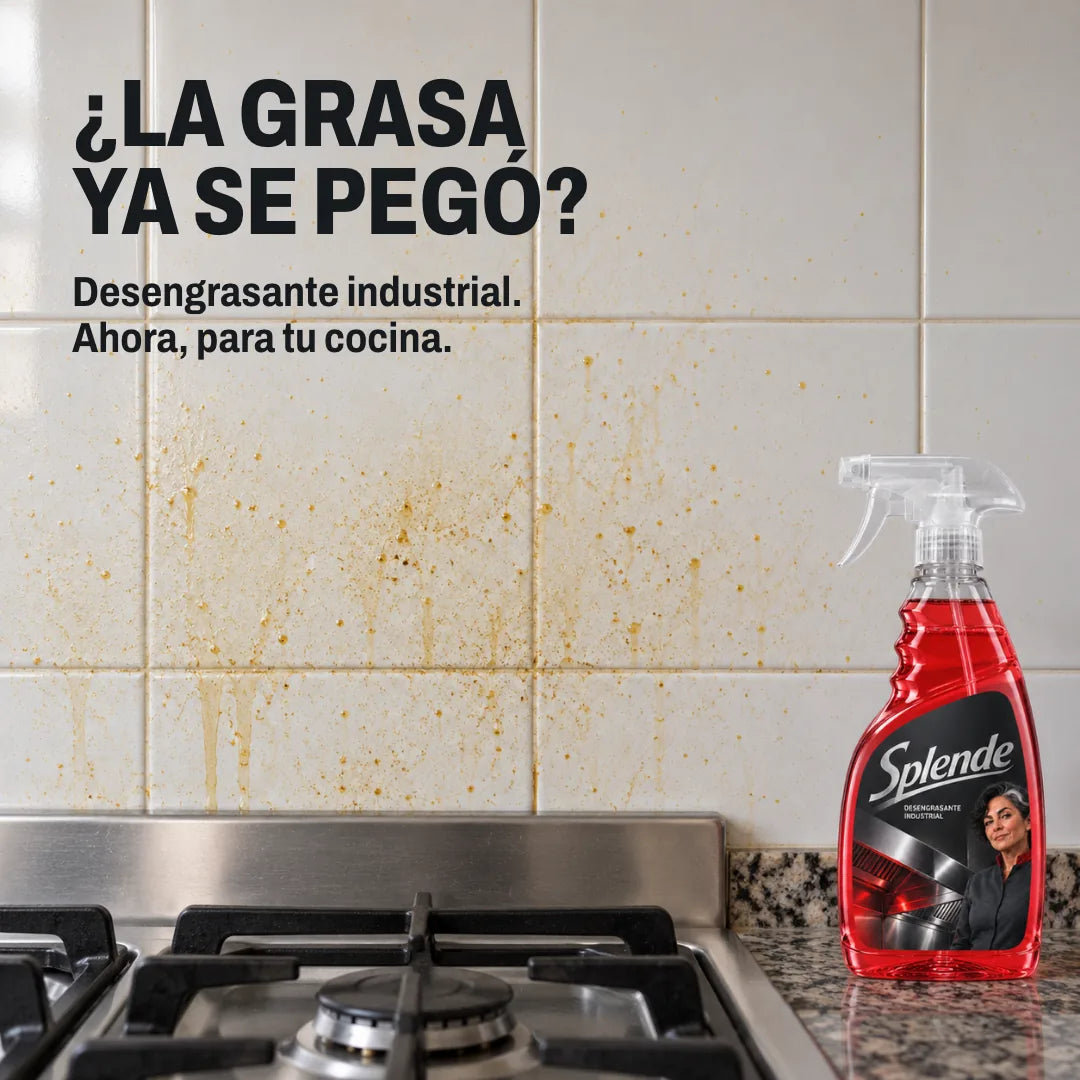 Azulejos con grasa pegada detrás de la hornalla y la botella de Splende
