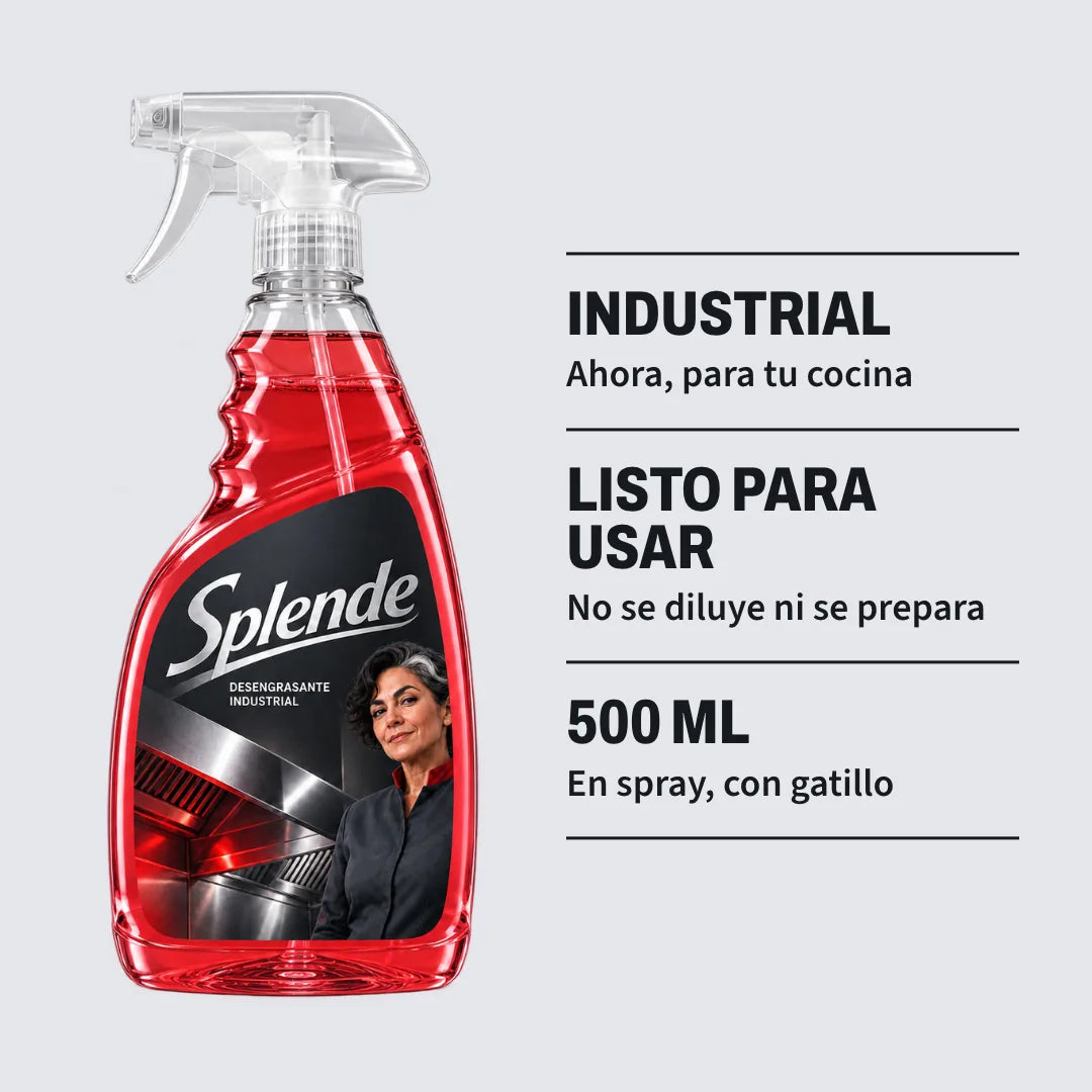 La botella de Splende y tres datos: industrial, listo para usar, 500 ml