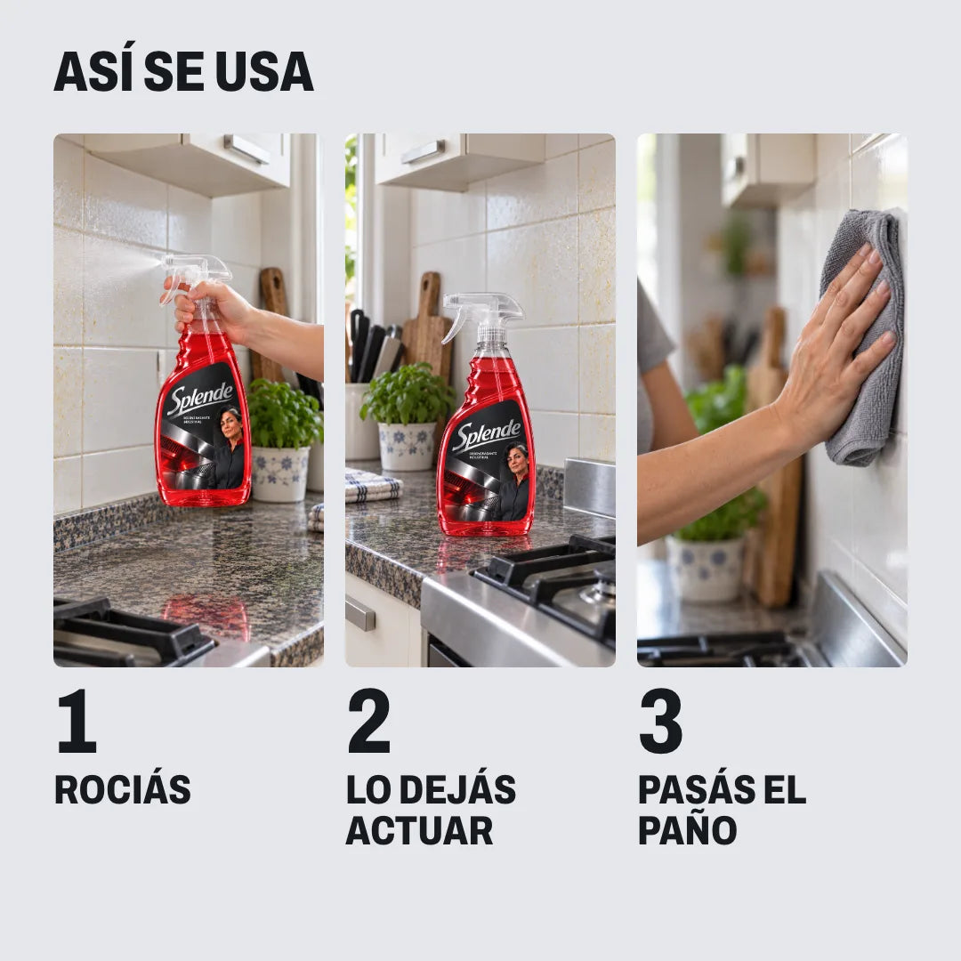 Así se usa, en tres fotos: rociás, lo dejás actuar, pasás el paño