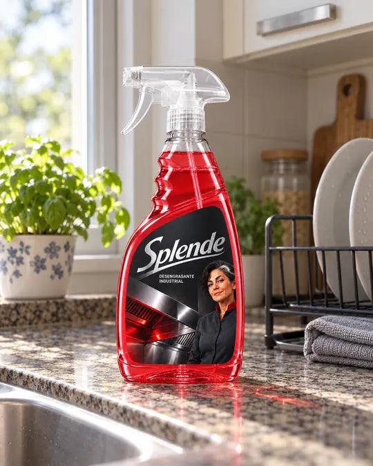 La botella de Splende sobre la mesada, junto a la ventana y el escurridor.
