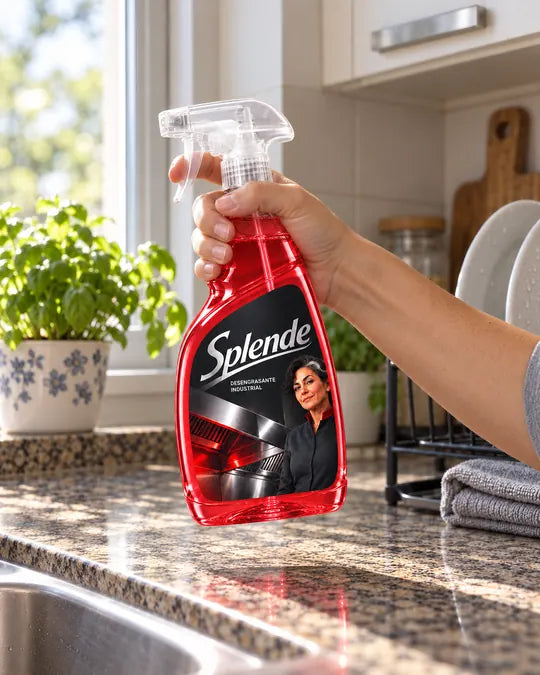 Su mano levanta la botella de Splende de la mesada, junto a la ventana.